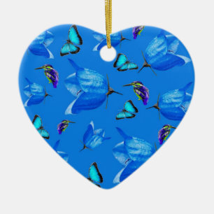 Blauwe inktvissen, vlinders en bloemen, keramisch ornament
