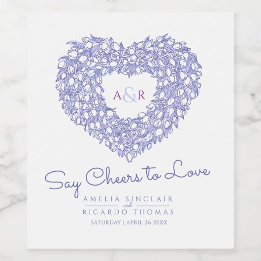 Blauwe inktwitte tvlek bouquet bruiloft wijn etiket (Enkel label)