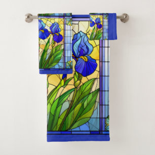 Blauwe Iris Bloem Glas-in-Lood Handdoeken Set