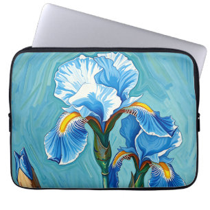 Blauwe Iris Bloemen Artistiek Patroon Laptop Sleeve