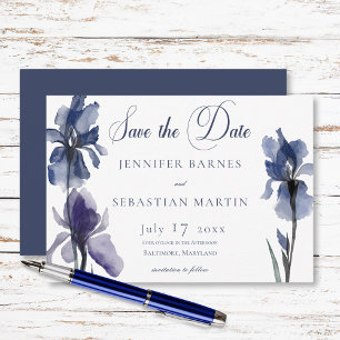 Blauwe iris bloemen moderne bruiloft save the date