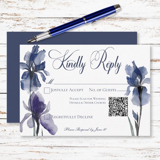 Blauwe Iris Bloemen Moderne Huwelijk QR Code RSVP Kaartje