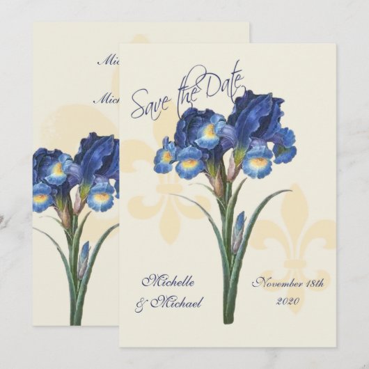Blauwe Iris Fleur de Lis Save the Date (Voorkant / Achterkant)