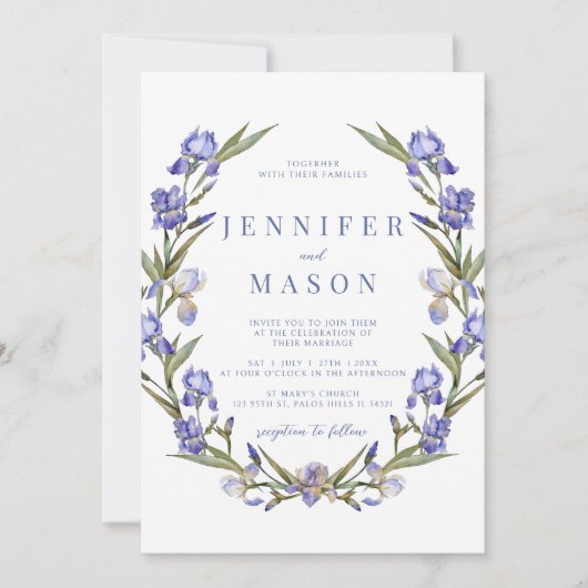 Blauwe irissen bloemenkrans boho bruiloft uitnodig kaart (Voorkant)