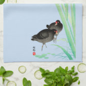 Blauwe Irissen en Moorhens door Ohara Koson Theedoek (Gevouwen)