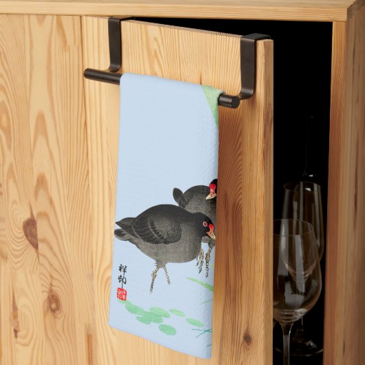 Blauwe Irissen en Moorhens door Ohara Koson Theedoek (Derde Gevouwen)