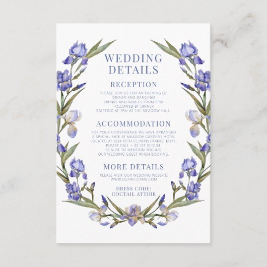 Blauwe irissen paarse bloemenboho bruiloft details informatiekaartje (Voorkant)