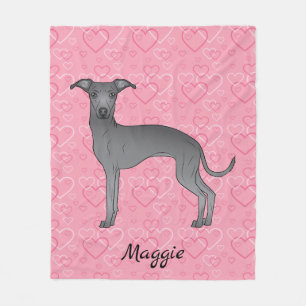 Blauwe Italiaanse Greyhound Mopshond Op Roze Harte Fleece Deken