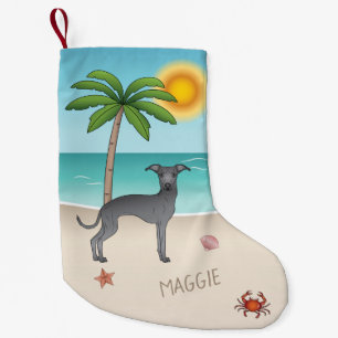 Blauwe Italiaanse Windhond Op Tropisch Zomerstrand Kleine Kerstsok