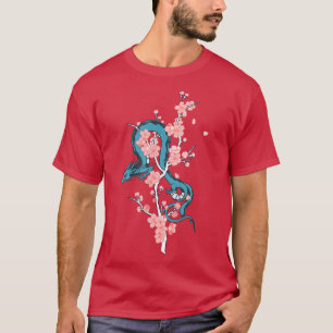 Blauwe Japanse draak met Sakura Blossom-boom T-shirt
