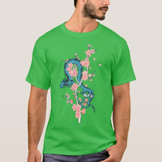 Blauwe Japanse draak met Sakura Blossom-boom T-shirt