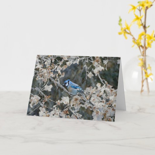 Blauwe Jay in Herfst Art Note Kaart (Gele Bloem)