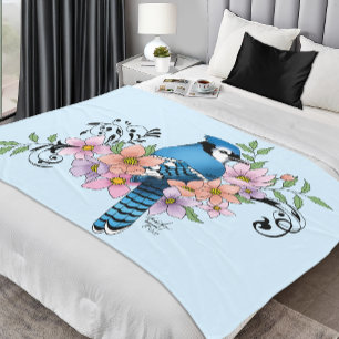 Blauwe Jay Lente Bloemen Fleece Deken