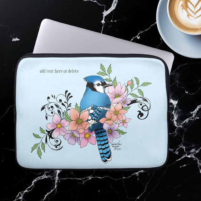 Blauwe Jay Lente Bloemen Laptop Sleeve (Creator heeft geüpload)