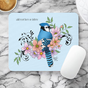 Blauwe Jay Lente Bloemen Muismat
