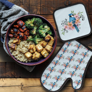 Blauwe Jay Lente Bloemen Ovenwant & Pannenlap Set