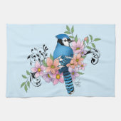 Blauwe Jay Lente Bloemen Theedoek (Horizontaal)