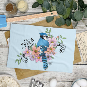 Blauwe Jay Lente Bloemen Theedoek