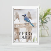 Blauwe Jay Perched op Snowy Fence Feestdagenkaart (Staand voorkant)