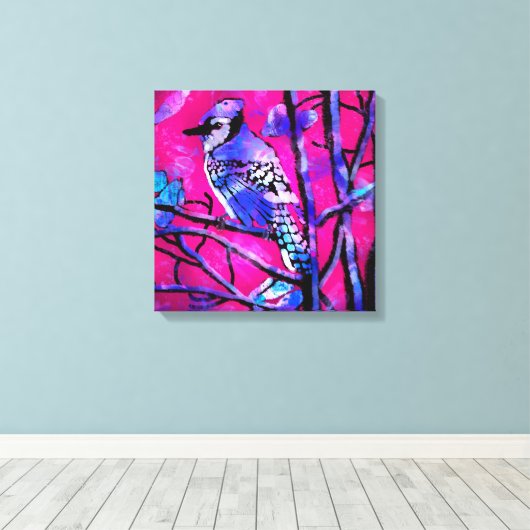 Blauwe Jay Vogel op Boomtak Roze Abstracte kunst Canvas Afdruk (Insitu (Houten vloer))