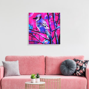 Blauwe Jay Vogel op Boomtak Roze Abstracte kunst Canvas Afdruk