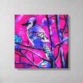 Blauwe Jay Vogel op Boomtak Roze Abstracte kunst Canvas Afdruk (Voorkant)
