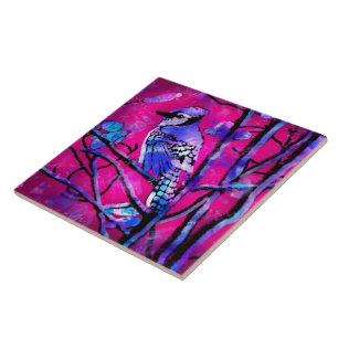 Blauwe Jay Vogel op Boomtak Roze Abstracte kunst Tegeltje