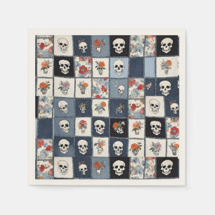 Blauwe Jean Denim Patchwork schedels en bloemen Servet