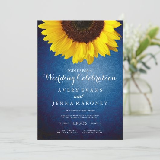Blauwe Jean & Gele Zonnebloem Uitnodiging (Staand voorkant)