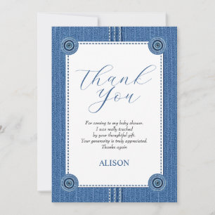 Blauwe jeans met naden en knopen baby boy shower bedankkaart
