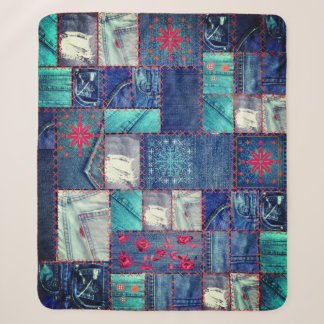 Blauwe Jeans patchwork met Floral Detail Sherpa Deken
