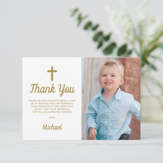 Blauwe Jongen Fotodoop Eerste Verjaardag Bedankkaart (Staand voorkant)