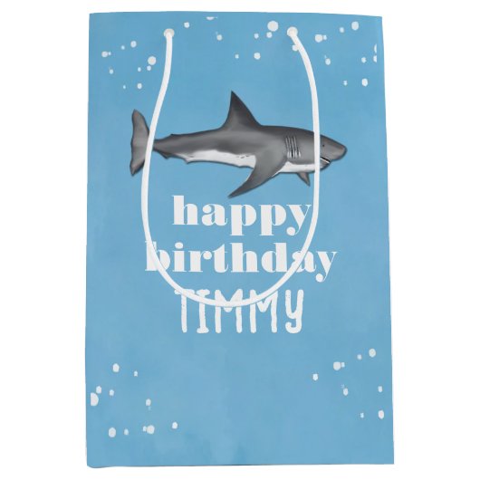 Blauwe Jongens Verjaardagsfeestje Haaien Custom Medium Cadeauzakje (Voorkant)
