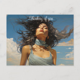 Blauwe jurk tegen een blauw hemelschilderij briefkaart