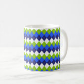 Blauwe, kalkgroene en witte argyle-monogram koffie koffiemok (Voorkant rechts)
