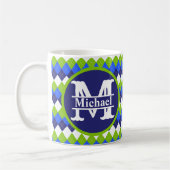 Blauwe, kalkgroene en witte argyle-monogram koffie koffiemok (Links)