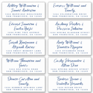 Blauwe kalligrafie bruiloft gast Adresetiketten Sticker