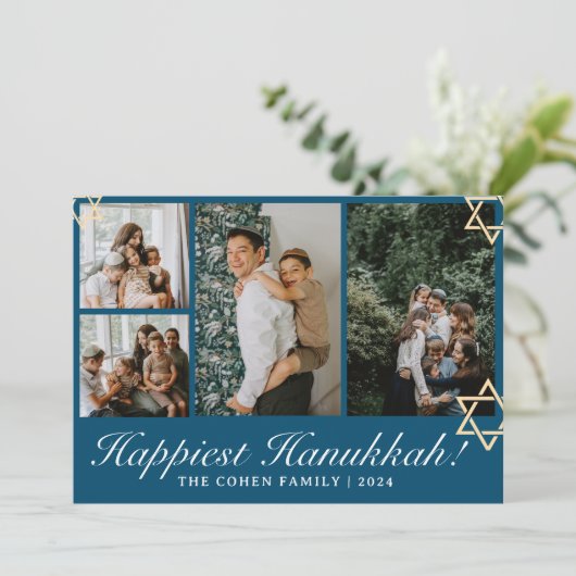 Blauwe kalligrafie Gelukkigste Chanoeka familie 4 Feestdagenkaart (Staand voorkant)