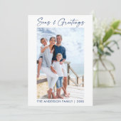 Blauwe kalligrafie Inkt Zeeen en groeten gestript Feestdagenkaart (Staand voorkant)