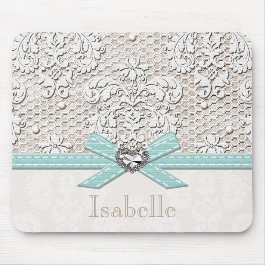 Blauwe kant en parels muismat (Voorkant)