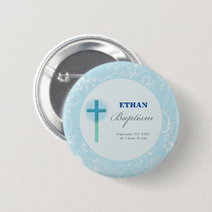 Blauwe Kantwerk Jongens Doop Ronde Button 5,7 Cm