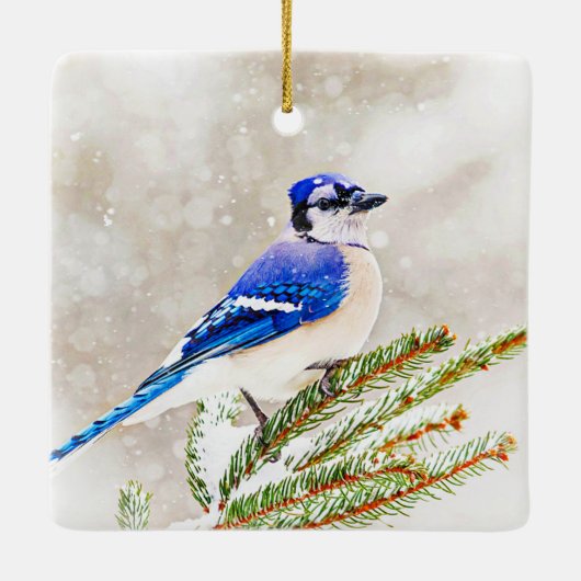 Blauwe kap in een dennenboom met sneeuw keramisch ornament (Achterkant)