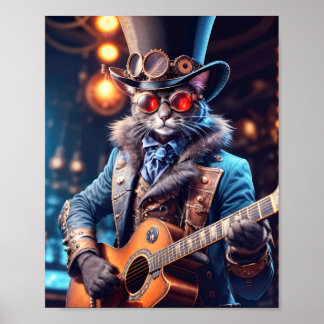 Blauwe kat in steampunk jurk gitaar spelen in pub poster