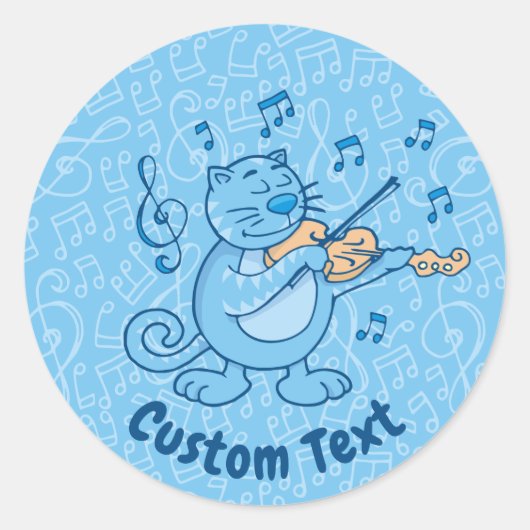 Blauwe kat met Violin Classic Round Sticker (Voorkant)
