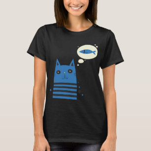 Blauwe Kat met Vis in zijn Gedachten T-shirt