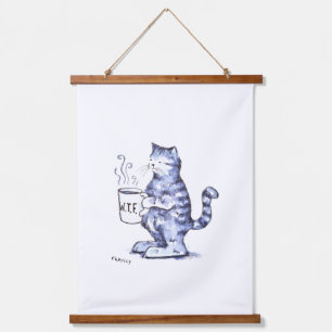 Blauwe kat met WTF-mok Hangend Wandkleed