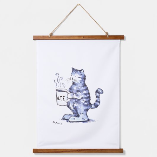 Blauwe kat met WTF-mok Hangend Wandkleed (Voorkant)