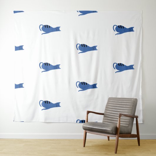 Blauwe kat witte achtergrond wandkleed (In Situ (horizontaal))
