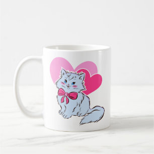 Blauwe Kawaii Kat Met Roze Strik & Harten Koffiemok