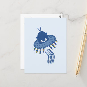 Blauwe Kawaii octopus ufo Briefkaart